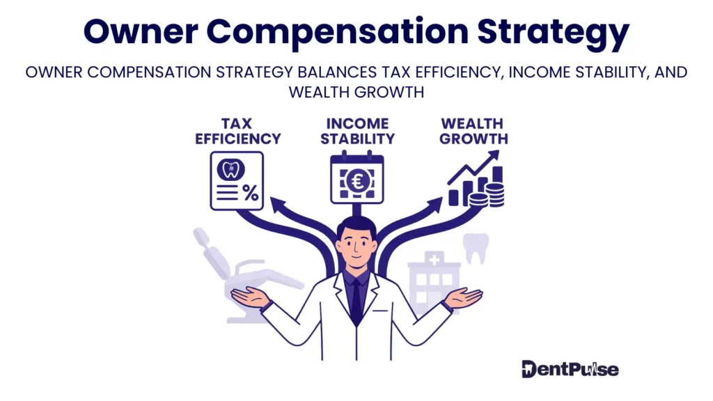 Illustration of dental owner compensation strategy showing dentist balancing tax efficiency, income stability, and wealth growth with icons for salary, dividends, and planning