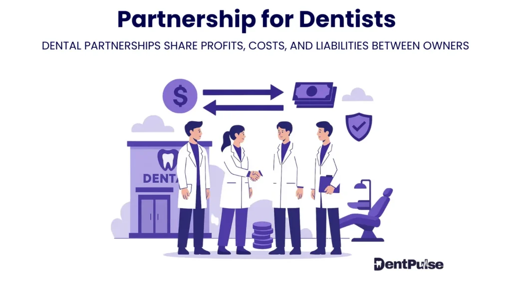 Dental partnership illustration with dentists shaking hands to represent joint ownership and shared liability