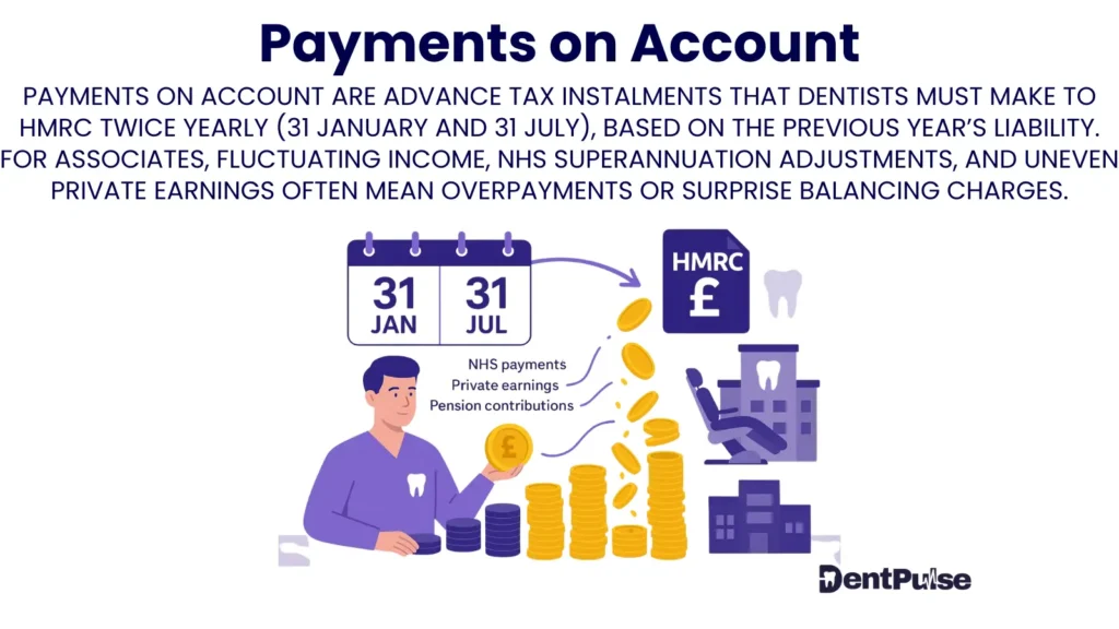 Payments on Account for dentists explained with HMRC tax deadlines 31 January and 31 July, showing NHS income, private earnings, and superannuation contributions