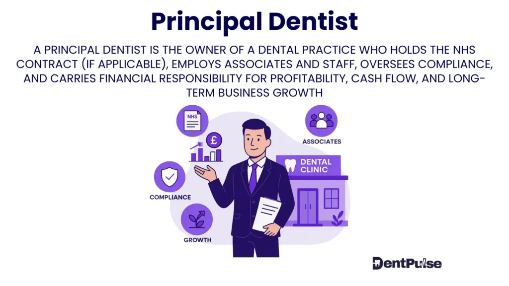 Illustration of principal dentist leading a dental clinic with icons for NHS contract, compliance, associates, and growth, representing ownership and financial responsibility