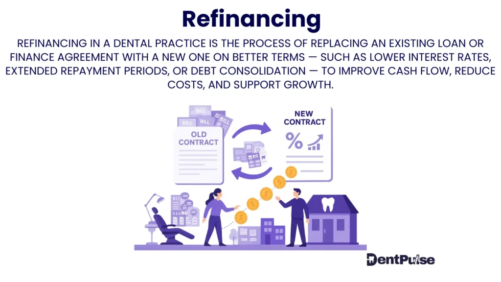 Refinancing dental practice loans illustration highlighting lower interest rates, debt consolidation, and repayment savings