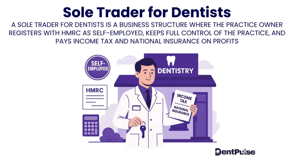 Dentist holding income tax and national insurance document outside dental clinic representing sole trader business structure with HMRC compliance