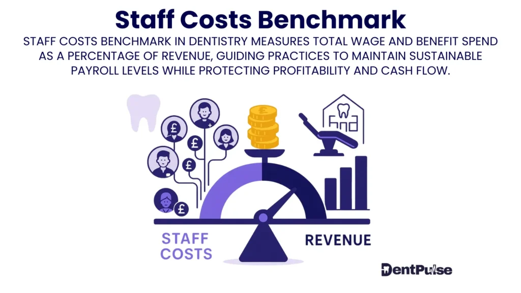 Dental practice staff costs benchmark illustration showing wage-to-revenue ratio, payroll expenses, and profitability balance