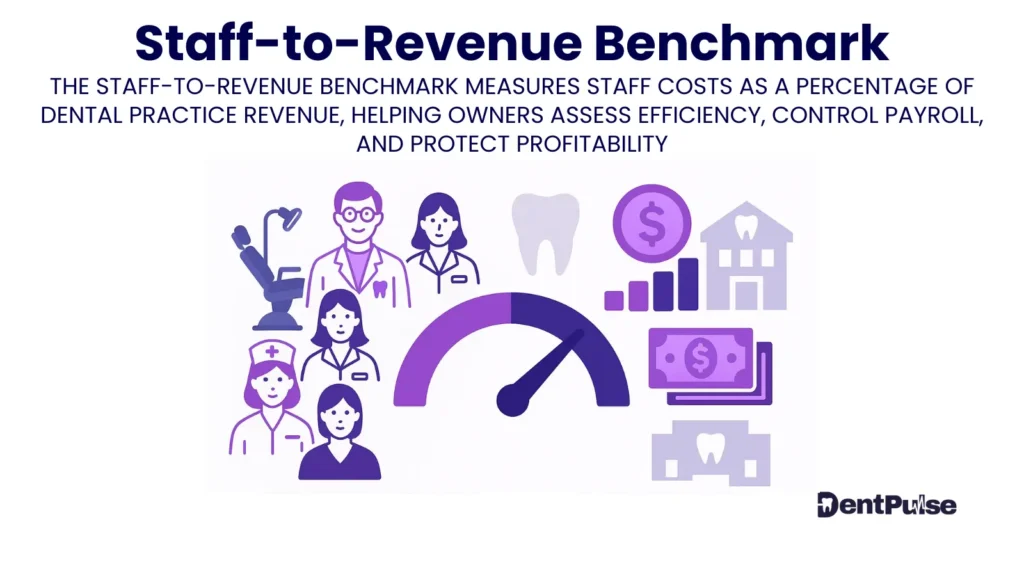 Illustration of staff-to-revenue ratio in dental practice with efficiency gauge, money icons, and dental team graphics