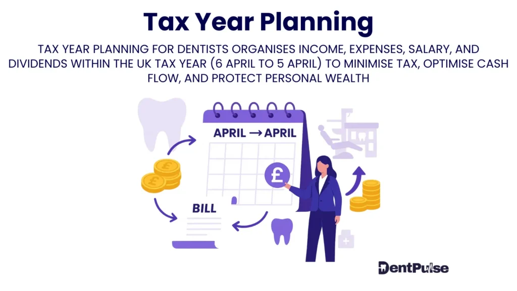 Tax year planning illustrations for dentists showing April-to-April UK tax calendar with coins, bill, and calendar icons