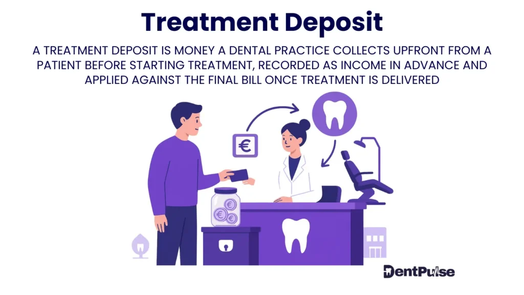 Treatment Deposit illustration with patient handing card to dentist to secure appointment and chair time