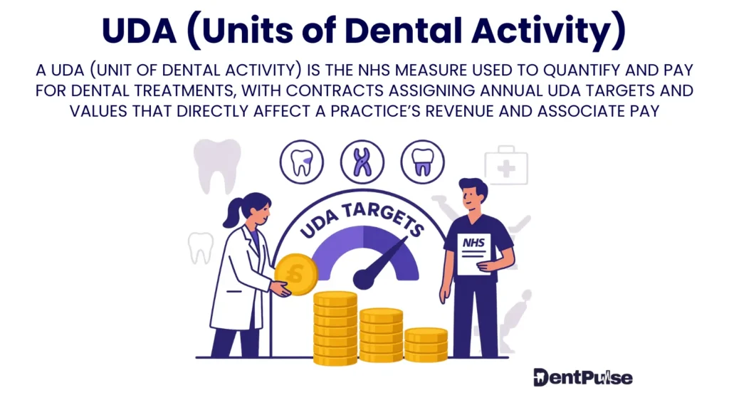 UDA Units of Dental Activity illustration showing dentist and NHS contract targets with payment coins