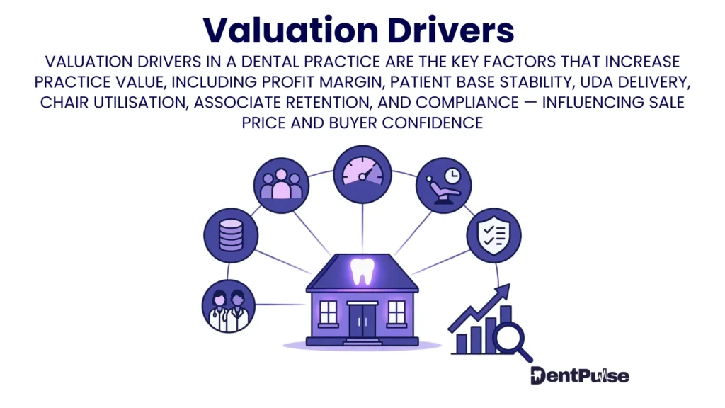 Valuation Drivers illustration with dental clinic connected to profit margin, patient base, and growth metrics