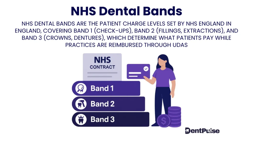 Illustration of NHS dental treatment bands in England, highlighting fixed patient charges across three bands with reimbursement via Units of Dental Activity (UDAs), used for compliance and practice cash flow tracking