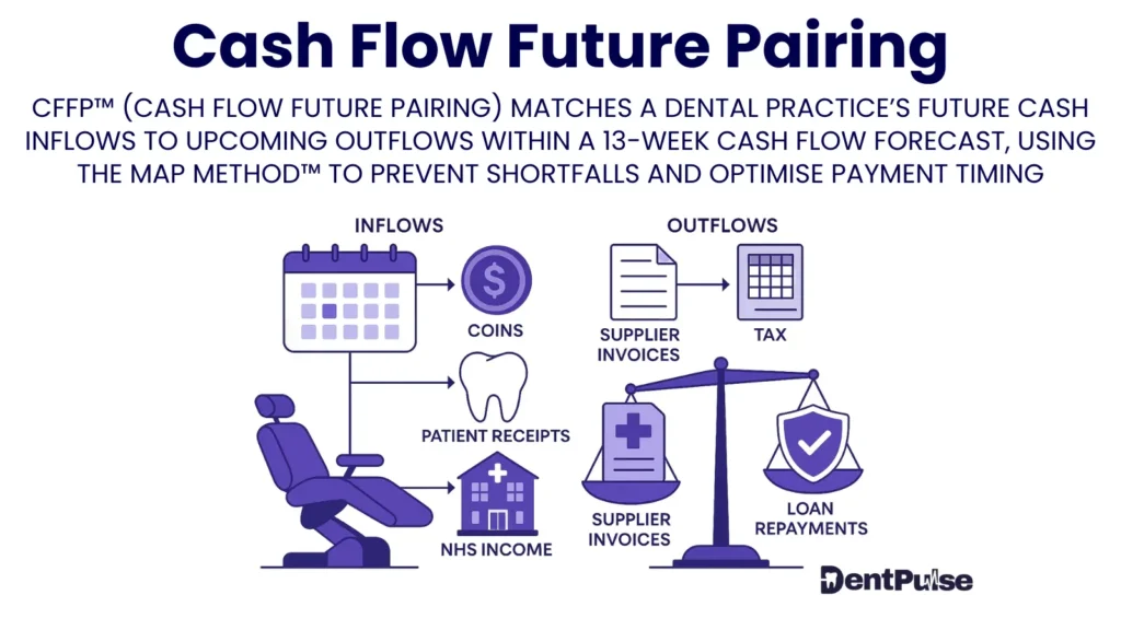 DentPulse Cash Flow Future Pairing visual explaining 13-week cash flow forecasting for dentists, pairing income streams with expenses to prevent liquidity gaps and ensure safe owner drawings