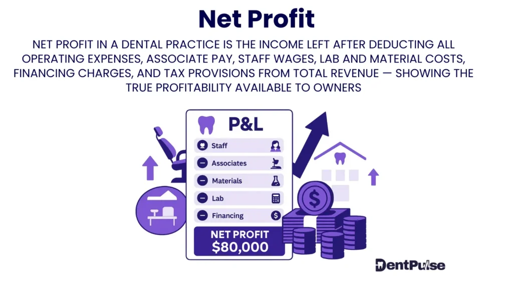 Accounting concept of net profit for dentists visualised through P&L ledger, profit arrow, and stacked coins, representing revenue minus total expenses before Corporation Tax, used in practice valuation, cash flow planning, and owner wealth growth