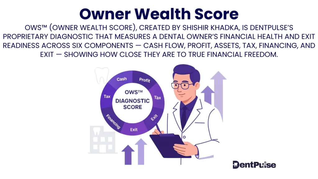 OWS visual framework created by Shishir Khadka, illustrating composite wealth scoring for dental practice owners across CFFP, EBIT Efficiency Engine, Profit-to-Pocket, and valuation readiness