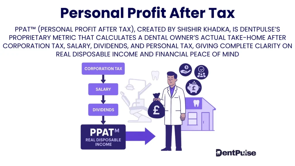 DentPulse PPAT (Personal Profit After Tax) graphics showing corporation tax, salary, and dividends deducted from dental practice net profit to calculate the owner’s true disposable income