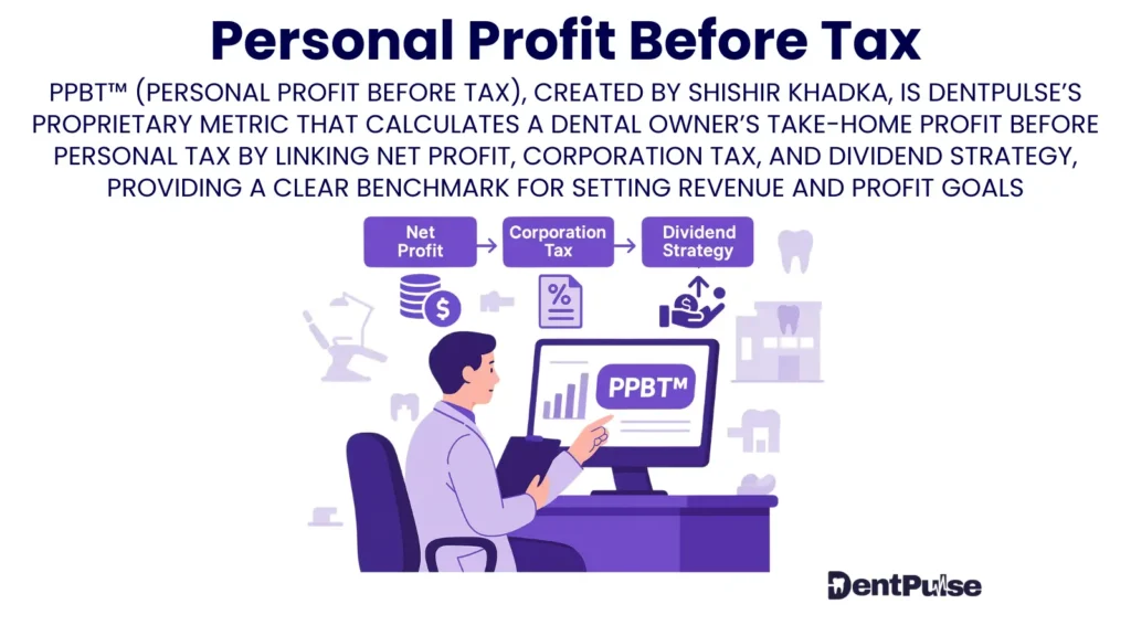 Shishir Khadka’s proprietary PPBT metric for dental practice owners, visualised with accountant reviewing profit dashboard, linking cash flow, tax exposure, reserves, and Profit-to-Pocket strategy