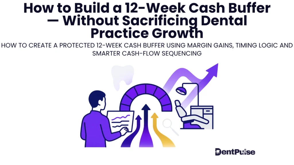 Illustration of a dental practice owner reviewing cash-flow charts and growth indicators, with arrows and a timing gauge representing how to build a protected 12-week cash buffer without slowing practice growth.