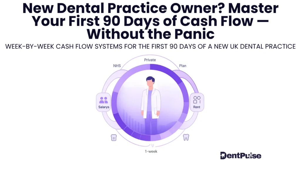 Illustration of a new dental practice owner reviewing week-by-week cash flow sources and expenses for the first 90 days, shown with NHS, private, plan income and cost icons.