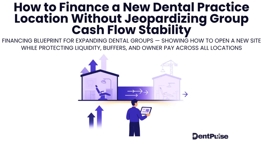 Illustration of a dental group owner reviewing financial projections for opening a new clinic location, shown with arrows, clinic buildings, and cash-flow graphics to represent protecting group-wide liquidity when expanding