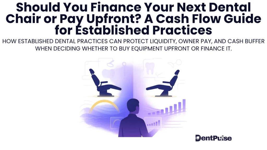 Illustration of a dental practice owner comparing the cash-flow impact of financing versus paying upfront for a new dental chair, shown with equipment icons and financial growth charts