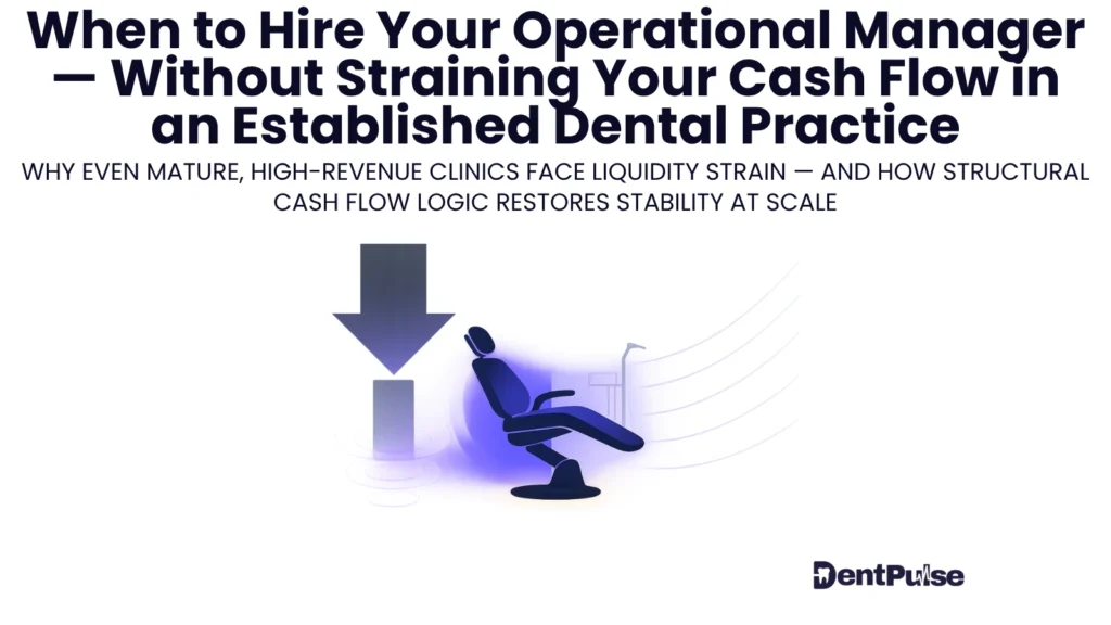 Illustration of a dental chair with a downward arrow and cash-flow lines, symbolising the liquidity impact of hiring an operations manager in an established dental practice
