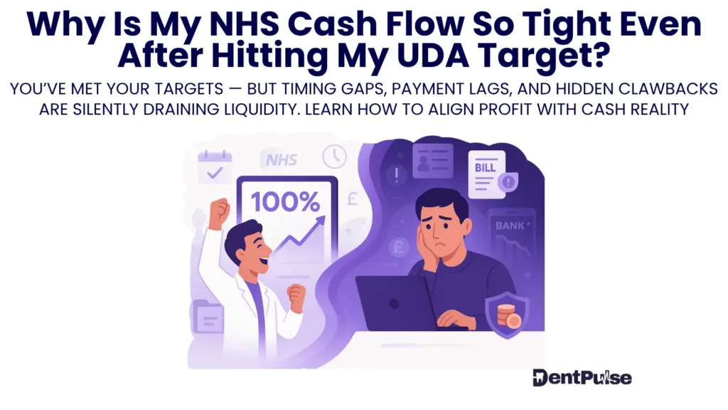 Graphics of profit-cash mismatch in NHS clinics, revealing payment lags, hidden clawbacks, and cash planning needs