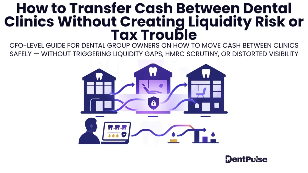 Illustration of a dental group owner monitoring cash transfers between multiple clinics, shown with connected practice buildings, flow lines, and financial dashboards to represent safe inter-clinic cash movement without liquidity or tax risk