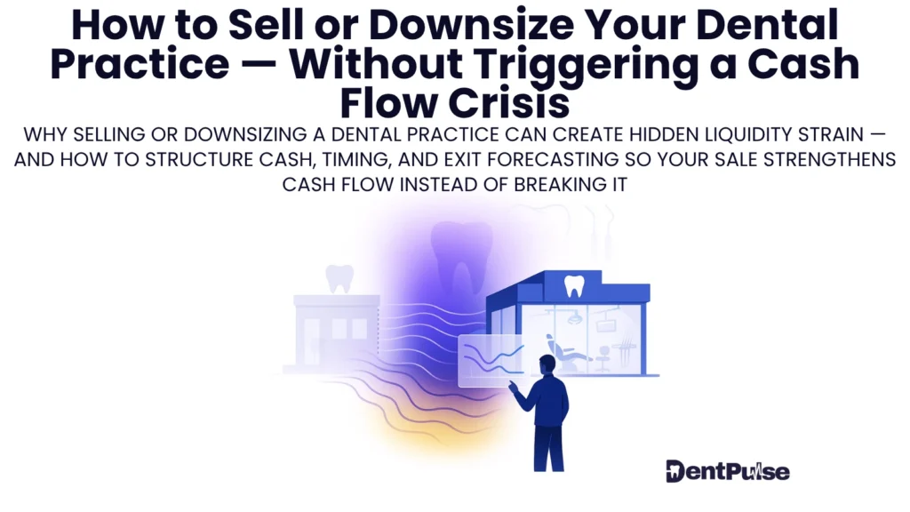 Illustration of a dental practice owner reviewing forecasts while transitioning from a larger clinic to a smaller one, symbolising the cash-flow risks and planning needed when selling or downsizing a dental practice