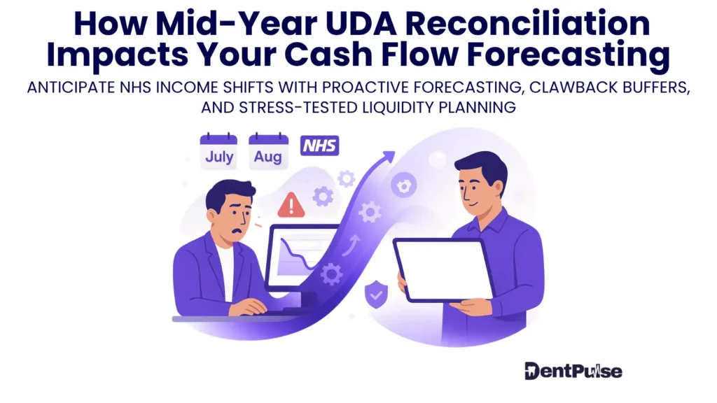 Illustration of NHS dental practices stress-testing cash flow to handle mid-year reconciliation and sudden NHS income changes