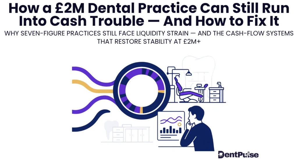 Illustration of a dental practice owner reviewing financial dashboards and cash-flow patterns, showing how even £2M practices can face liquidity strain and require structured cash-flow systems