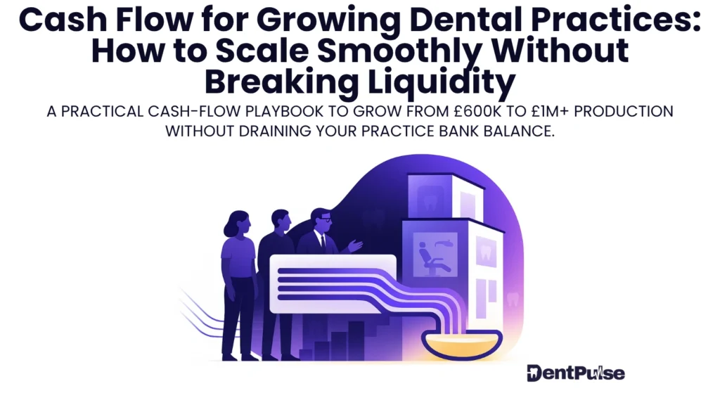 Illustration of dental practice leaders reviewing growth and liquidity planning, showing revenue increasing and cash flowing into a central pool to represent scaling a dental practice without cash-flow strain