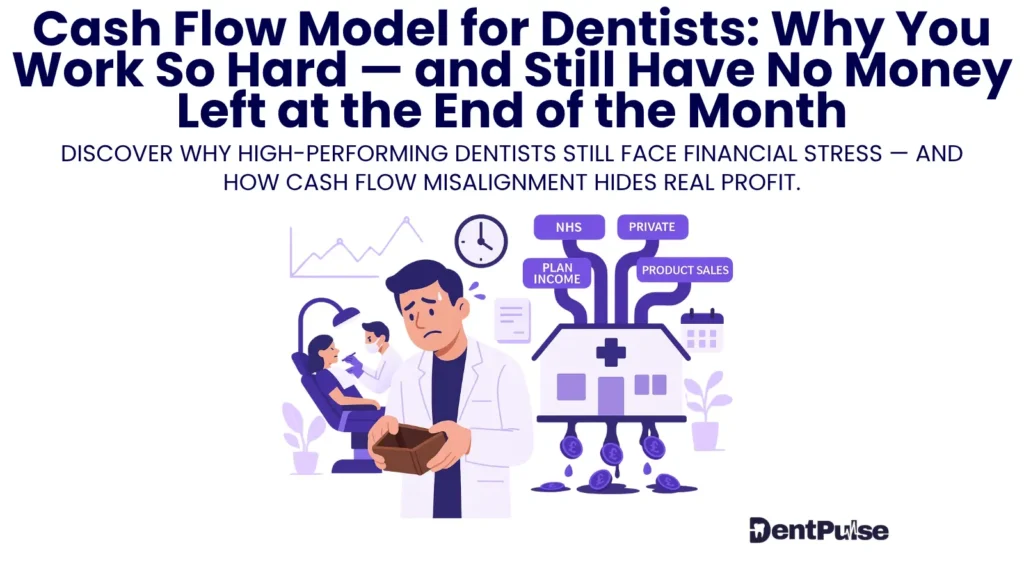 illustrations of Dentist reviewing cash flow model with misaligned income sources and stressed finances