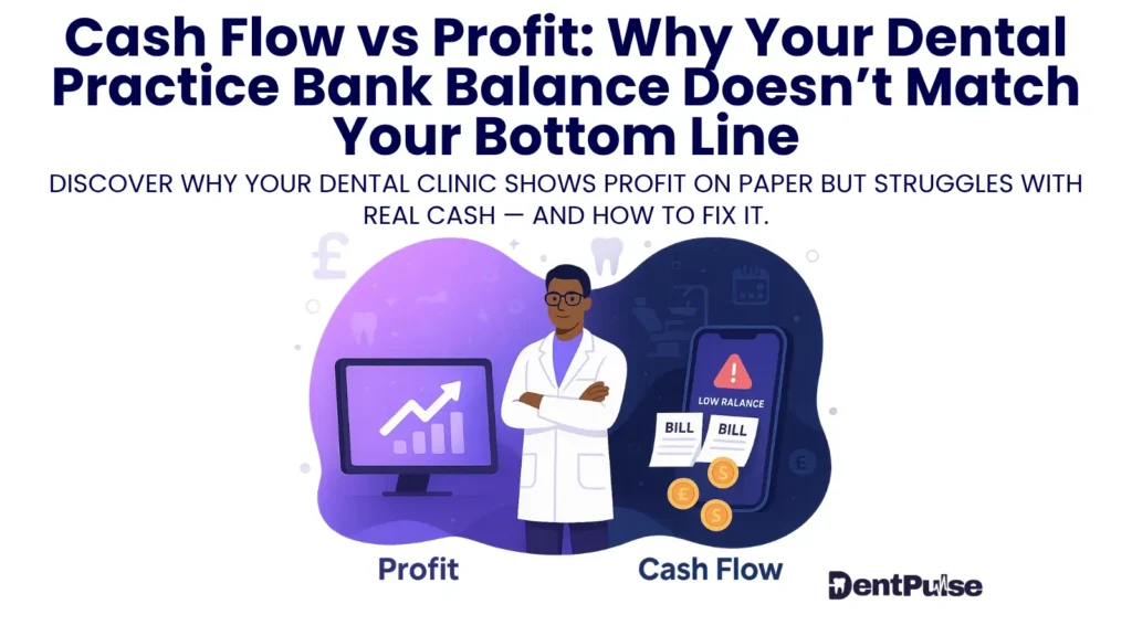 Visuals showing difference between profit on paper and real bank balance in dental clinic finances