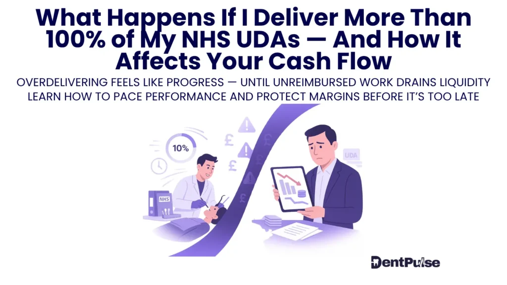 visual of NHS dentists balancing UDA performance, unreimbursed work, and cash flow planning to protect margin