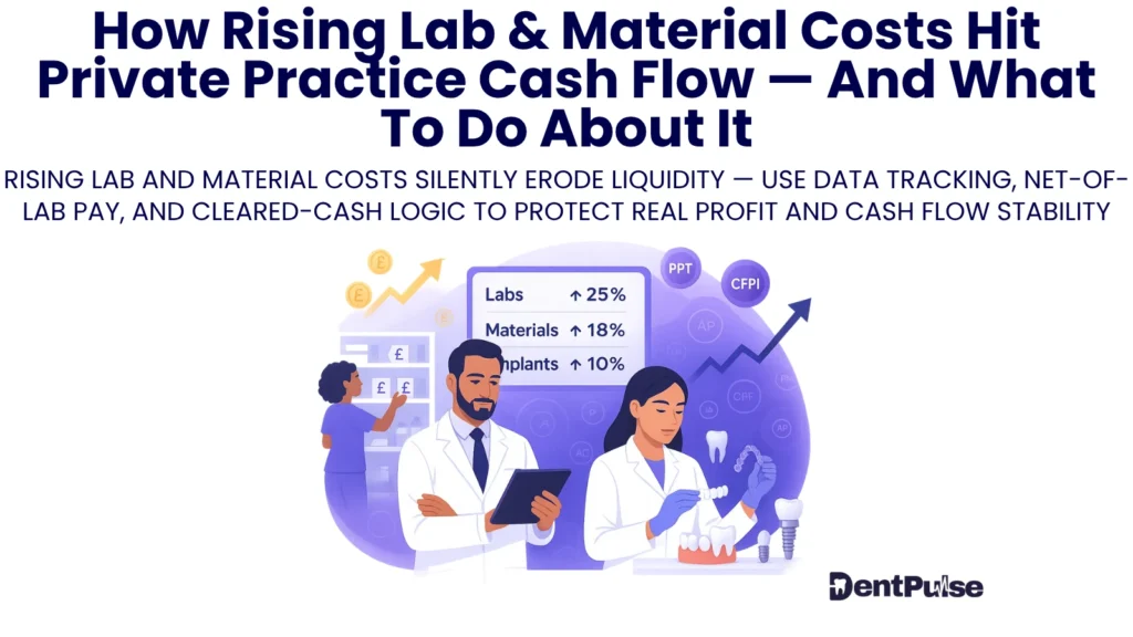 Dentists using data to track rising lab and material costs, reviewing impact on private dental practice profit and cash flow stability