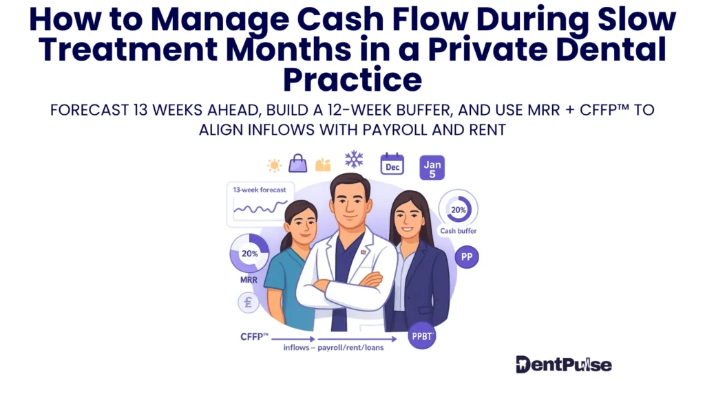 illustration of dental team forecasting cash flow, building buffers, and aligning income with payroll during slow winter months