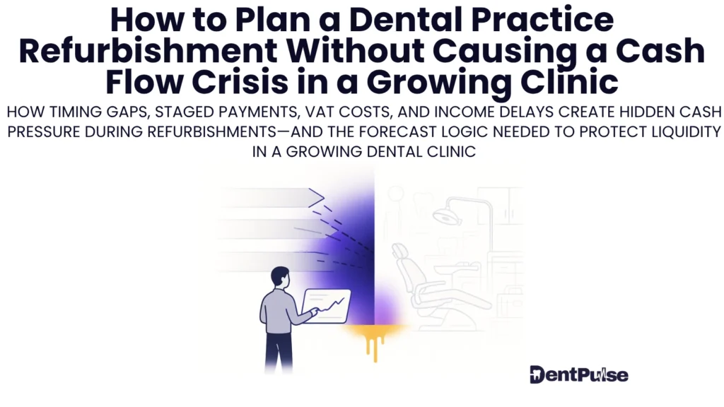 Illustration of a dental practice owner analysing refurbishment costs and cash-flow timing, shown with clinic equipment and staged payment graphics to highlight liquidity risks during renovations
