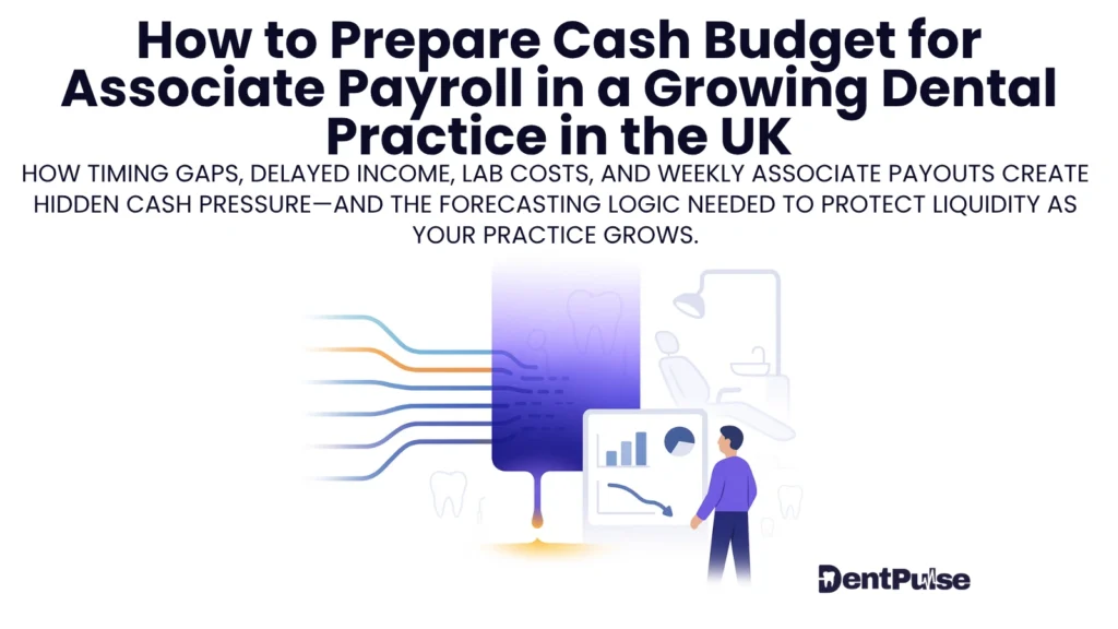 Illustration of a dental practice owner reviewing cash-flow charts and associate payroll timing, showing income delays and payout streams in a growing UK dental practice