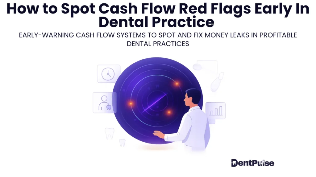 Illustration of a dentist scanning a radar-style dashboard to detect cash-flow red flags and early warning signs of money leaks in a dental practice.