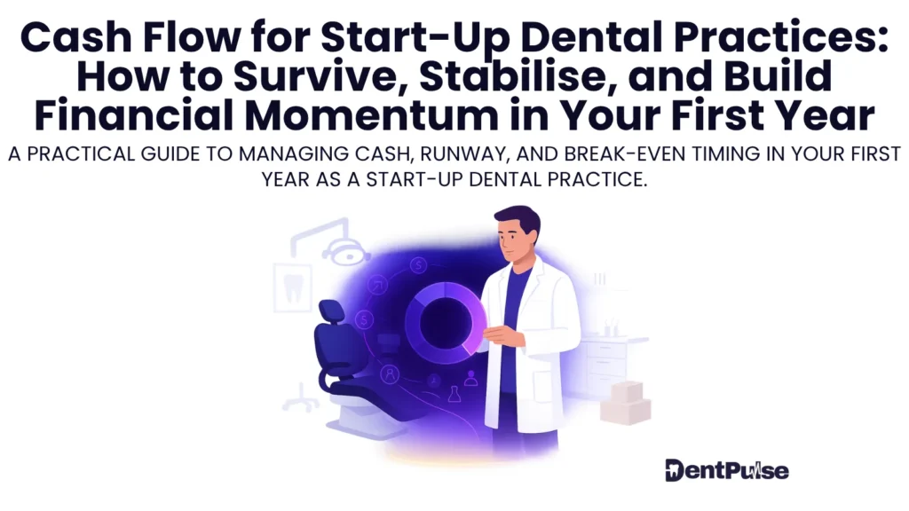 Illustration of a dentist reviewing cash-flow and financial metrics in a start-up dental practice, shown with clinic equipment and forecasting graphics representing first-year stability and runway.