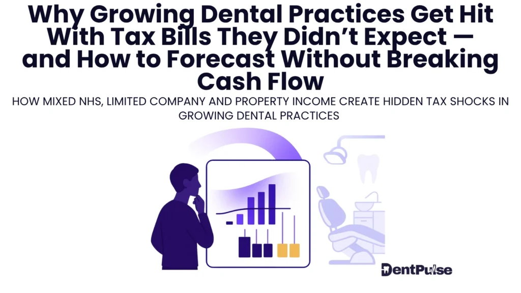 Illustration of a dental practice owner analysing mixed income tax liabilities and cash-flow forecasts, shown with bar charts and dental clinic icons to highlight unexpected tax bill risks