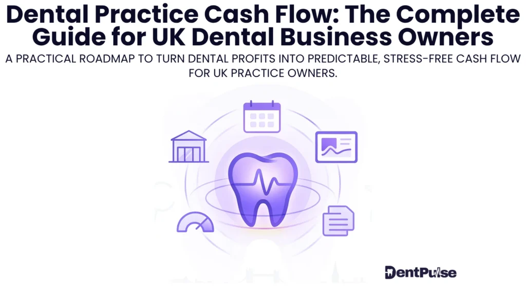 Illustration of a central tooth icon surrounded by cash-flow symbols such as banking, charts, calendar, and financial documents, representing a complete cash-flow guide for UK dental practice owners.