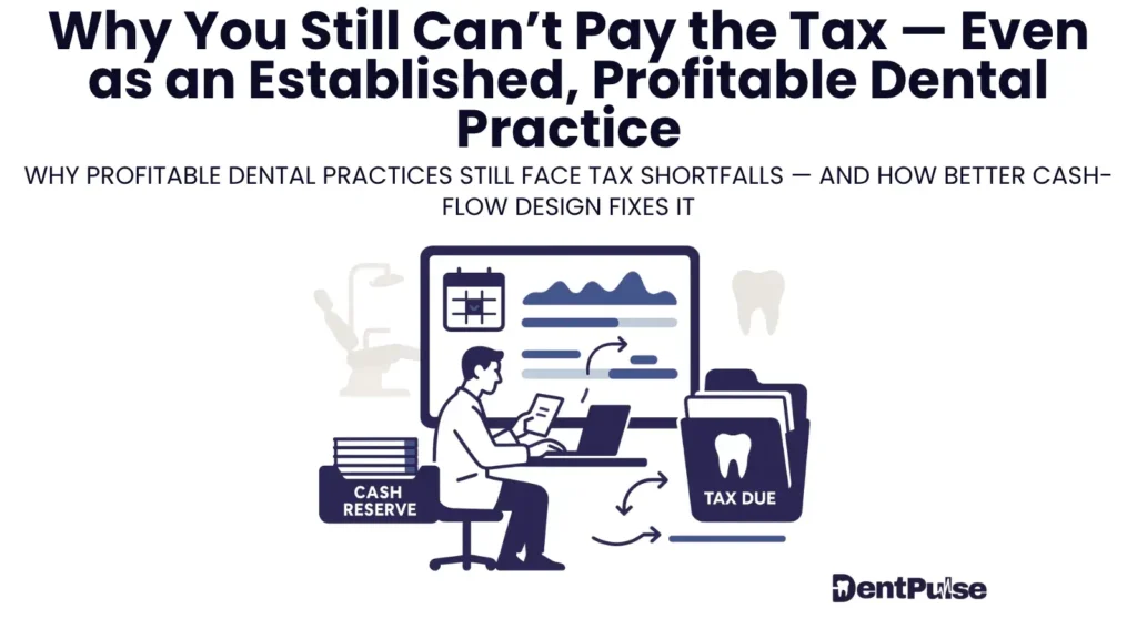 Illustration of a dental practice owner reviewing accounts and tax obligations, with graphics showing cash reserves, tax due, and financial dashboards to highlight why profitable practices still face tax shortfalls
