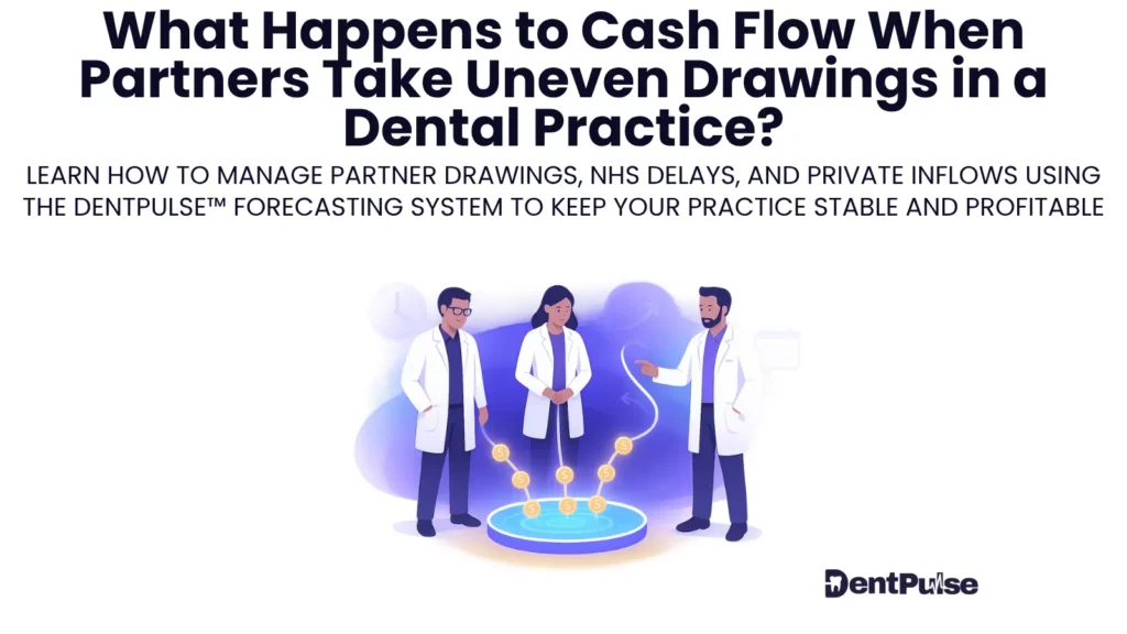Illustration of dental practice partners reviewing uneven partner drawings and their impact on cash flow, shown with financial icons and a shared income pool graphic