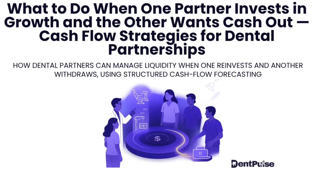 Illustration of dental practice partners discussing cash flow decisions when one reinvests in growth and another withdraws, shown with financial icons and forecasting graphics.