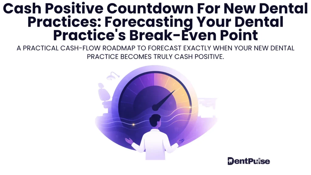 Illustration of a new dental practice owner analysing a cash-flow speedometer-style dashboard to forecast the break-even point and countdown to becoming cash-positive