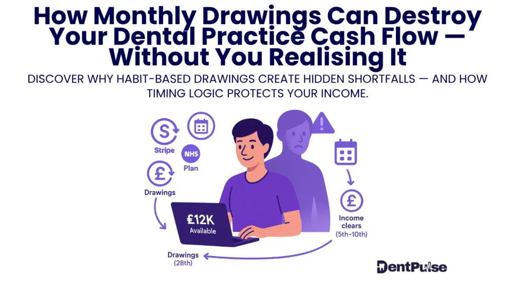 Visual guide to why fixed drawings trigger overdrafts and late payments in dental clinics before income clears