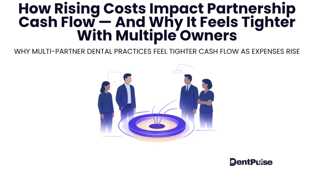 Illustration of dental practice partners reviewing rising expenses and tighter cash flow, showing multiple owners around a financial graphic representing increased cost pressure.