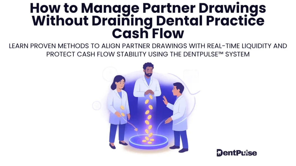 Illustration of dental partners managing shared drawings and cash flow, showing coins flowing into a central pool to represent aligning partner withdrawals with real-time liquidity.